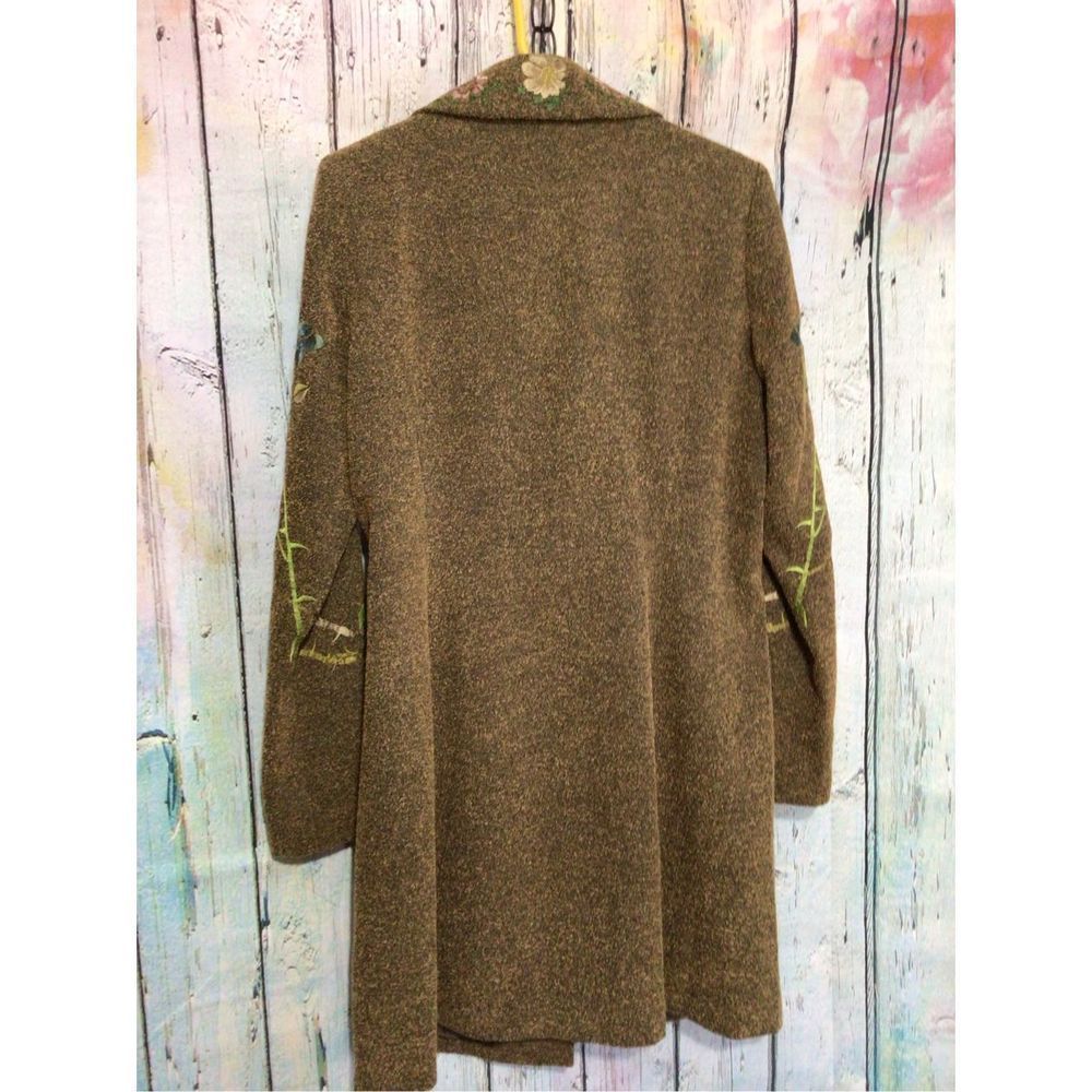 Long Jacket Size 10 Brown Embroidered Tweed Coat PTP 20” - Picture 9 of 14